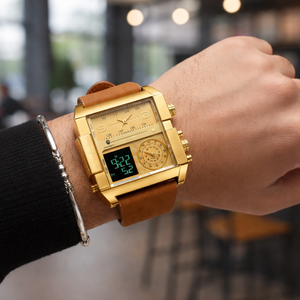 POEDAGAR Men's Luxury Triple-Time Zone Watch