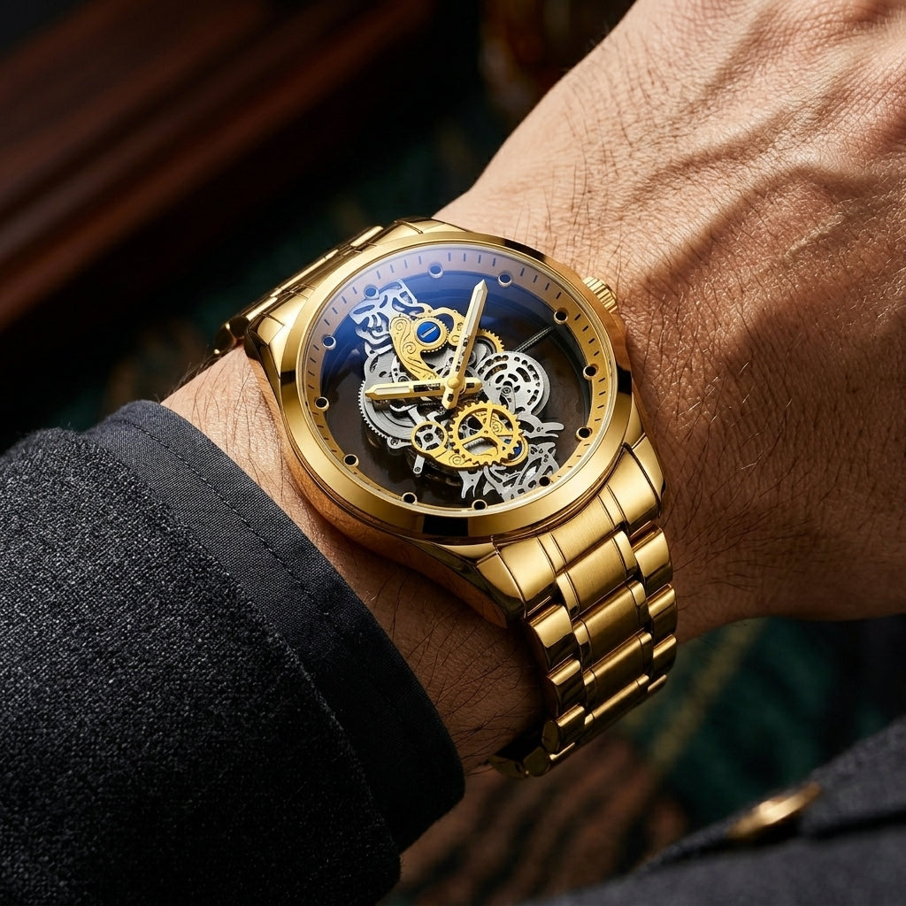 Gold Skeleton Transparent Mechanical Watch