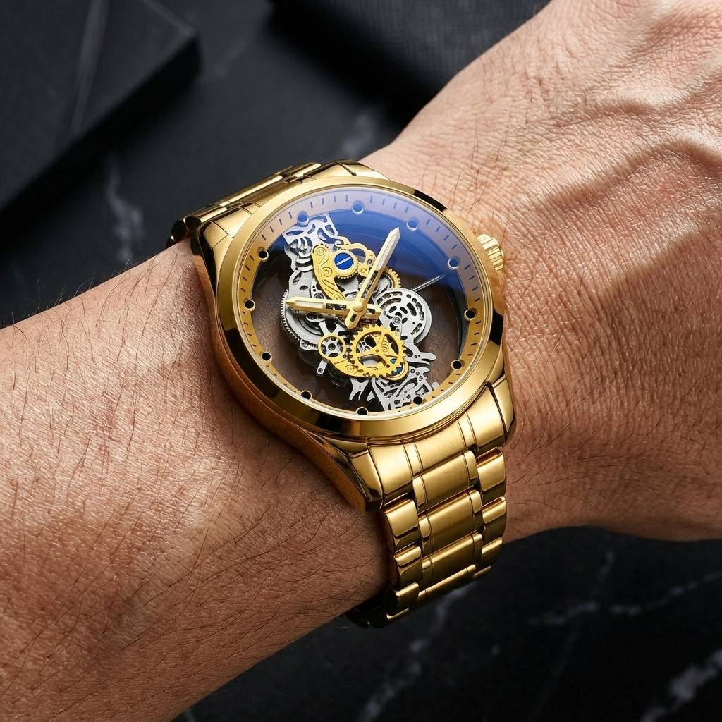 Gold Skeleton Transparent Mechanical Watch